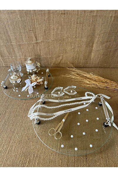 TutkuSetUp İnci Detay Cam Söz-Nişan Tepsi Seti, İsimli Kurdele HEDİYE