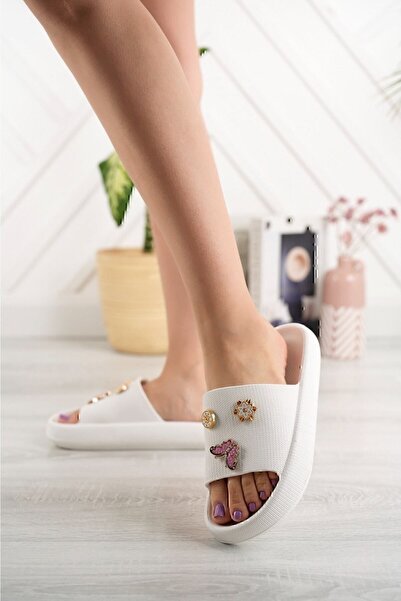 PLN SHOES Women's White Stone Daily Beach Sea Pool Slippers Gel