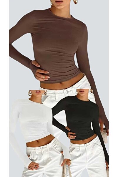 GARDIROZA Bisiklet Yaka Parmak Detaylı Basic Body 1 Kahverengi 1 Siyah 1 Beyaz