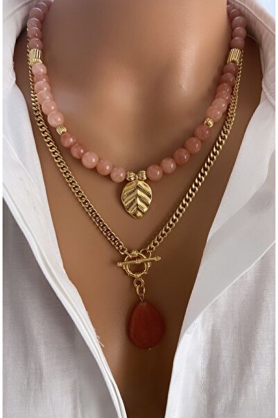 TARZ-I TAKI ( 2 KOLYE ) Doğal Taş Pembe KUVARS Taşı ÇELİK Zincir Altın Kaplama Kolye Ucu Kadın Kolye Özel Hediye