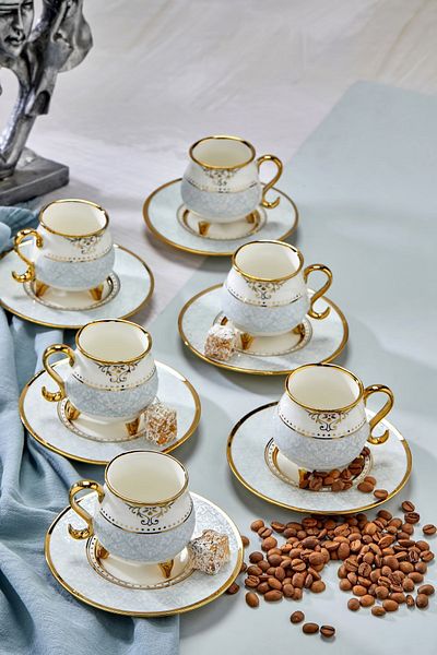 Vadi Carmen 6-Person Authentic Patterned Coffee Cup Set with Porcelain and Gold Detail