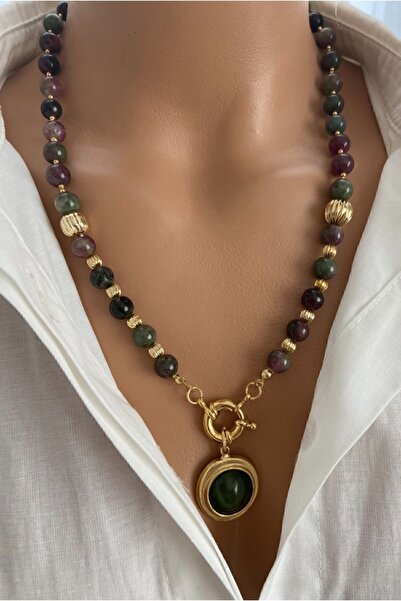 TARZ-I TAKI Doğal Taş Yeşil Akik Taşı Altın Kaplama Çerçeveli Akik Uç Kadın Kolye Anneler Sevgililer Günü