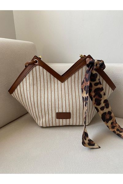 Mercan Women's Linen Shoulder Strap Bag - Cream Color, Zipper and Scarf Detail