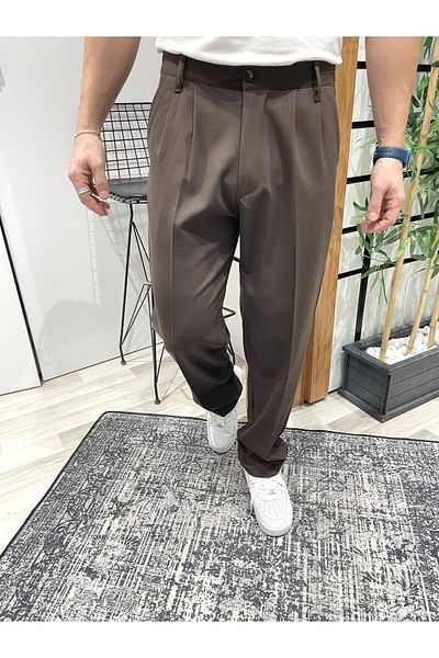 UTTBASİC Bitter Brown Pleated Baggy Fabric Trousers