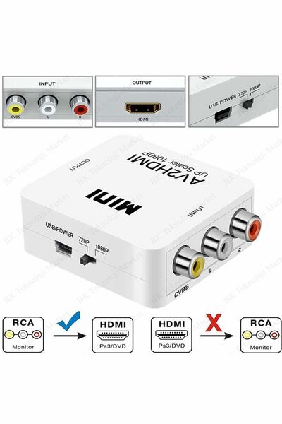 BK Teknoloji Rca Av To Hdmı 720p 1080p Çevirici Dönüştürücü Adaptör