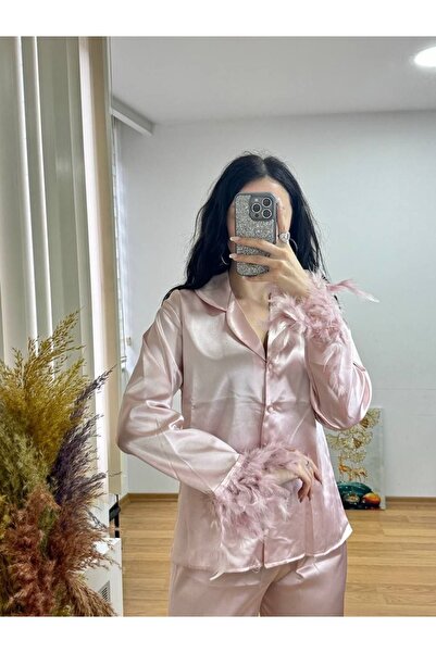 SATTENS kolları otriş tüylü saten pijama takım