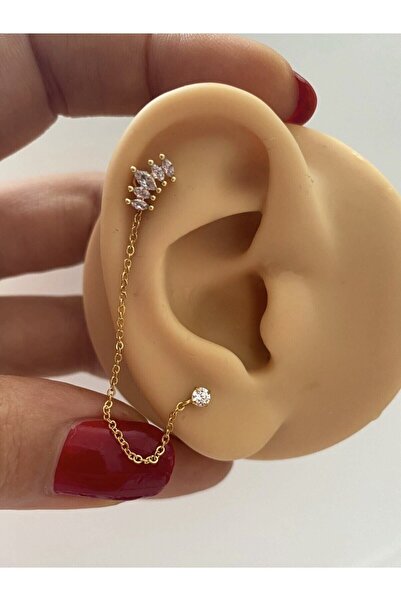 Arescollection cerrahi çelik zirkon taşlı zincirli ikili kulak piercingi küpe