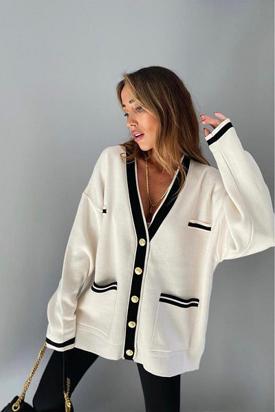 charm butik Oversize Gold Knitwear Cardigan - Buttoned and Stripe Detailed