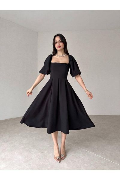 Afiş Butik Plisované midi šaty s čtvercovým límcem s balonovým rukávem