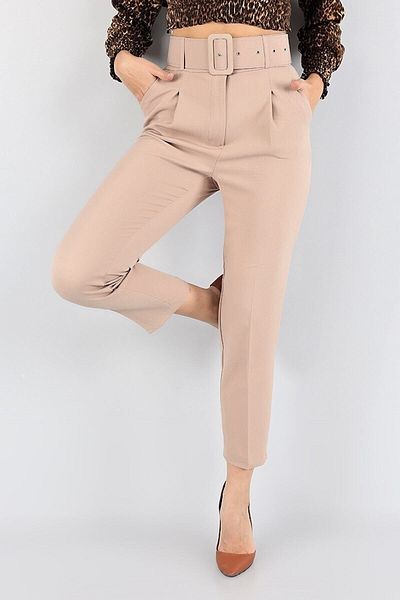 KAŞİHA Beige Atlas Dumbbell Fabric - Belted Carrot Trousers