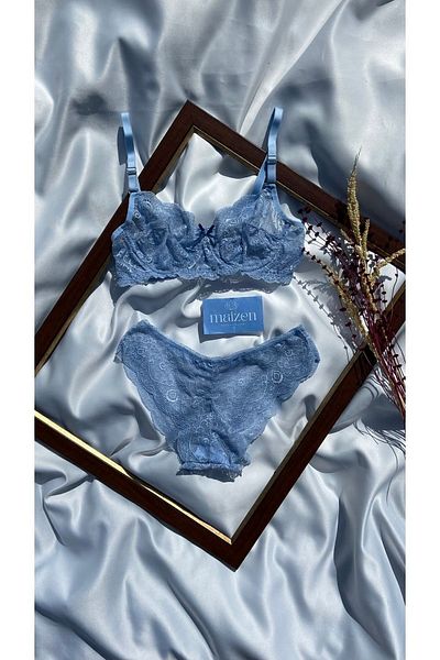 MAİZEN Set sutien cu sârmă din dantelă albastră