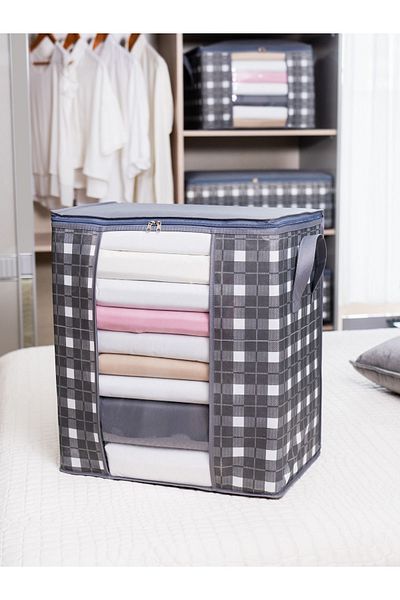 NACAREV Gray Plaid Patterned 2 Pieces Windowed Pillow and Clothing Organizer Set - 45X30X50Cm
