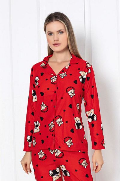 Farya Home Teddy Bear Patterned Dreamy Cotton Suede Long Sleeve Shirt and Pajama Set
