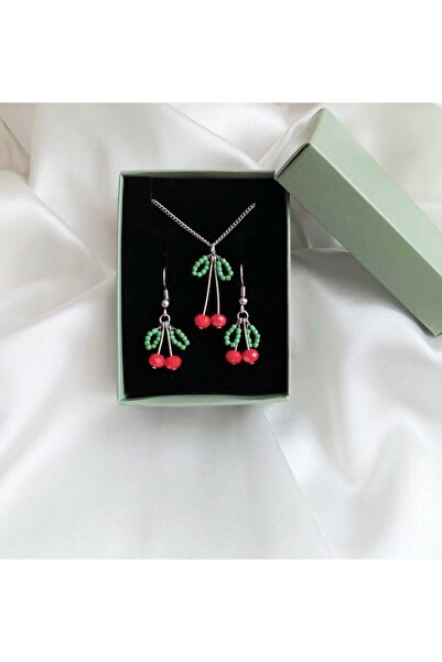 REN AKSESUAR مجموعة أقراط قلادة الكرز