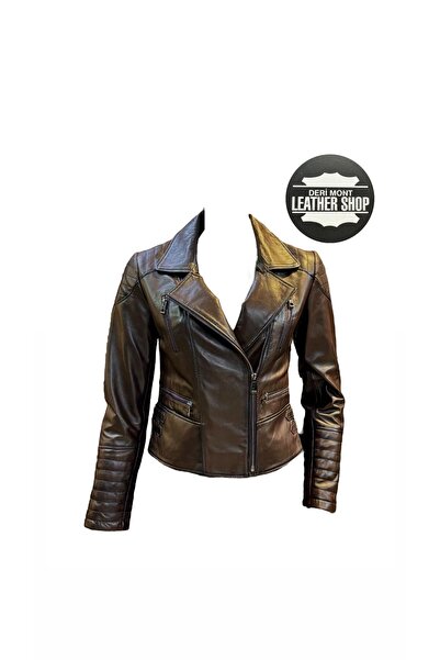 derimont معطف جلد طبيعي بني داكن للنساء - سترة رياضية نسائية باللون البني الداكن