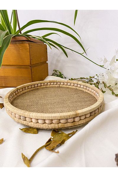 homeyandlovey صينية خشبية صغيرة مطرزة 25 سم من الخوص الطبيعي الرافية/الجوت، صينية ديكور، حمام، منزل، صينية ديكور