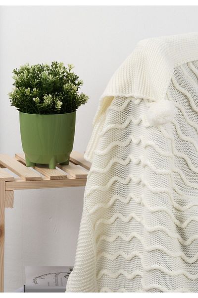 YGT Home Ecru Color 10 Pompom Tongue Knitwear with Tv Blanket - 130X170 Leg Shawl and Sofa Shawl