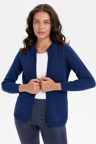 Desen Triko Cardigan de lână Indigo pentru femei - guler vertical, fără cusături și fermoar