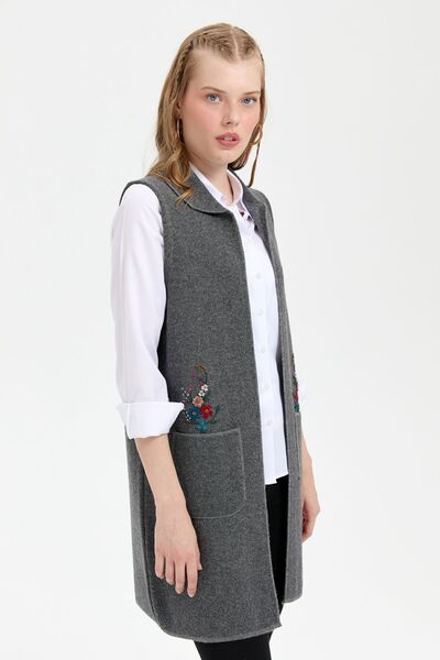 Desen Triko Women's Polo Neck Open Front Embroidered Long Wool Vest Smoked