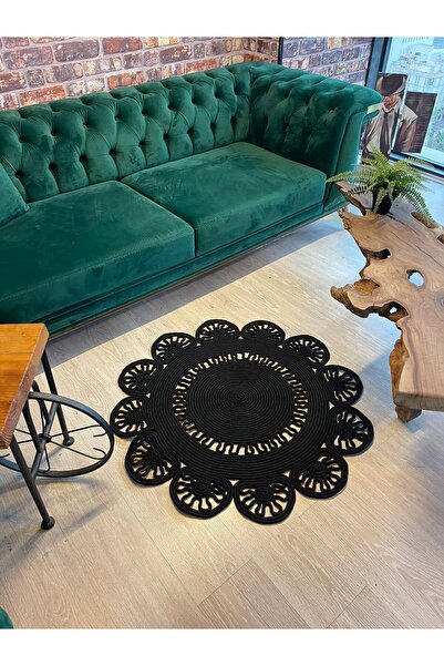 TurQhouse Dekoratif Jüt Hasır El Örgüsü Halı Kilim Yuvarlak-(1)-siyah
