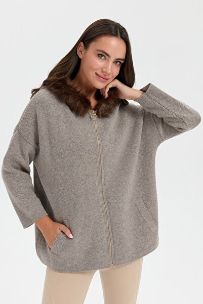 Desen Triko Mink Fur Hooded Wool Cardigan - Zippered
