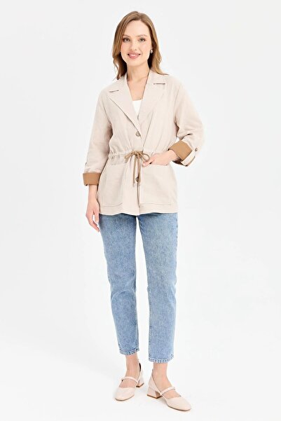 Desen Triko Γυναικείο παλτό με δεμένη μέση 100% βαμβάκι KMY24077 Stone