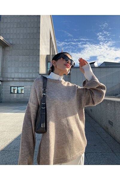 deqfashion Kadın Vizon Oversize Bisiklet Yaka Triko Kazak