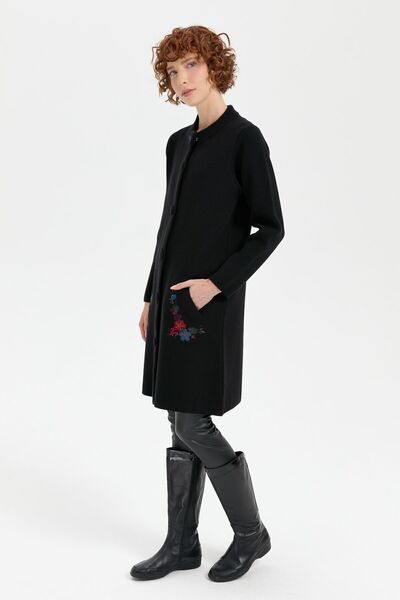 Desen Triko Black Long Wool Cardigan - Women'S, Stand Collar and Anchor Embroidery