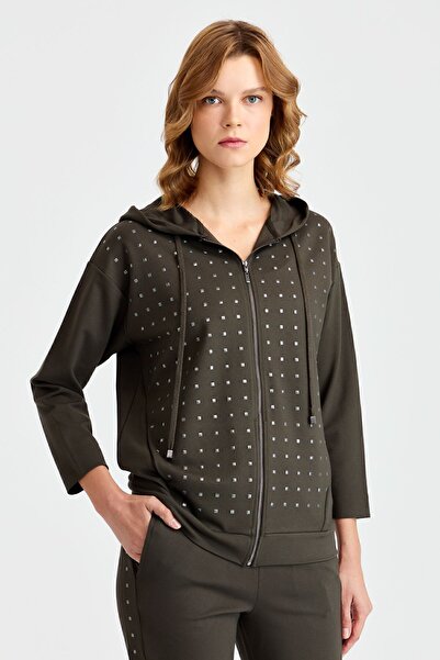 Desen Triko Women's Hooded Sweat with Small Square Stones on the Front Khaki