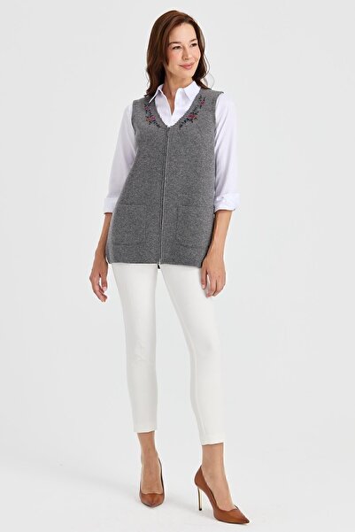 Desen Triko Women's V-Neck Lace Embroidered Wool Vest Smoked