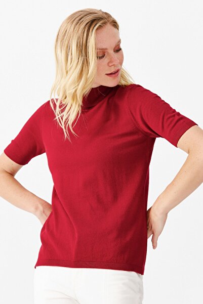 Desen Triko Women's Lycra Short Sleeve Full Turtleneck Blouse Dark Red
