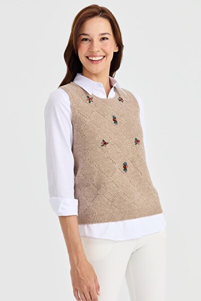 Desen Triko Women's Crew Neck Front Loose Linked Wool Sweater Red Beige