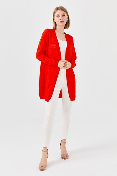 Desen Triko Women's Openwork Front Long Summer Cardigan Red