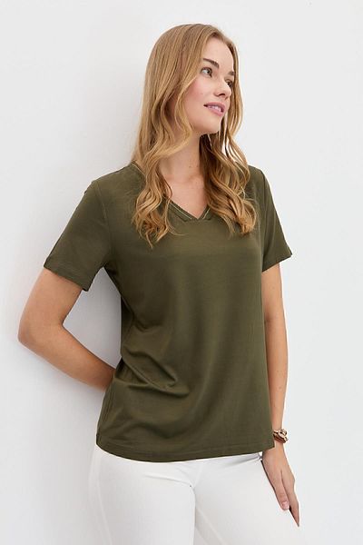 Desen Triko Tricou damă cu decolteu în V, cu sclipici, kaki