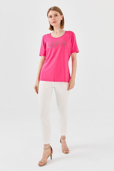 Desen Triko Tricou de damă cu mânecă scurtă cu gât roșu și din bumbac pieptănat, fucsia