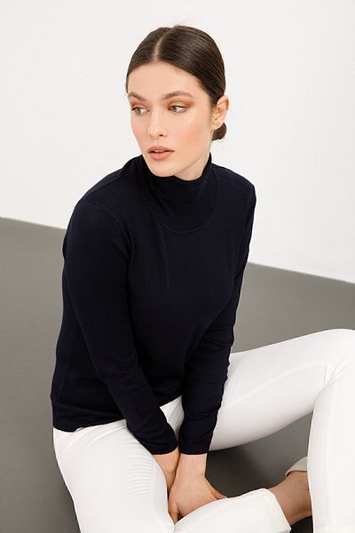 Desen Triko Bluză de damă cu mânecă lungă din lycra, de bază, pește, albastru închis