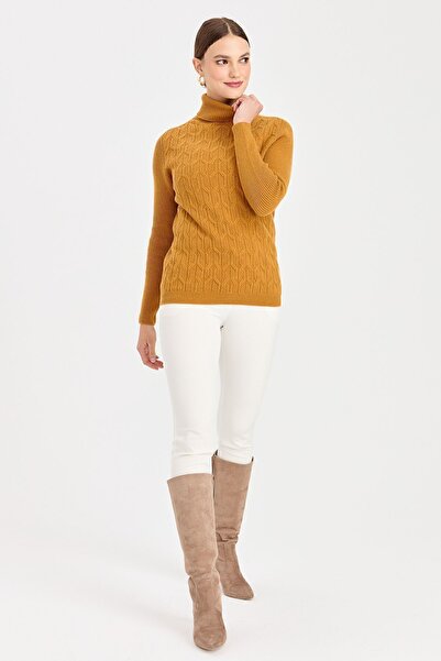 Desen Triko Women's Full Turtleneck Front Loose Wool Sweater Mustard