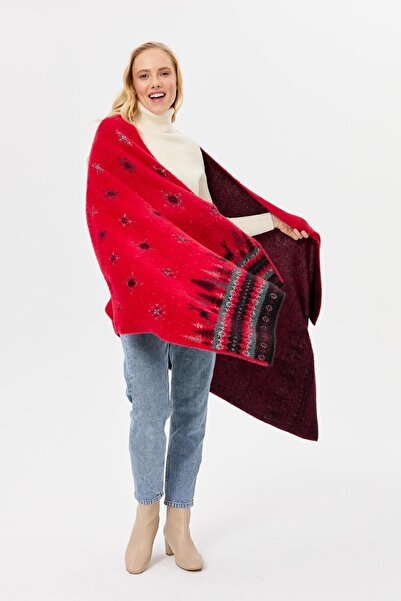 Desen Triko Kadın Triko Yılbaşı Desenli Şal Kırmızı