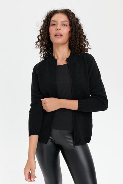 Desen Triko Cardigan negru din lână - guler vertical, fără cusături și fermoar