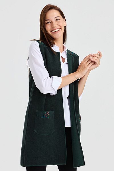 Desen Triko Women's Crew Neck Shoulder and Pocket Felt Embroidered Wool Vest Green