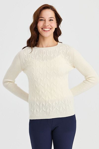 Desen Triko Women's Crew Neck Front Wool Sweater Bone