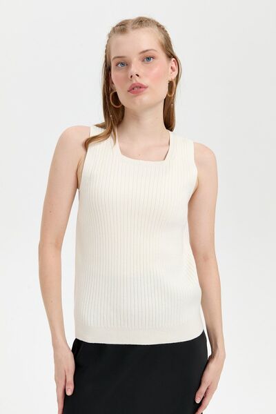 Desen Triko Bone Colored Seamless Crew Neck Women's Sweater