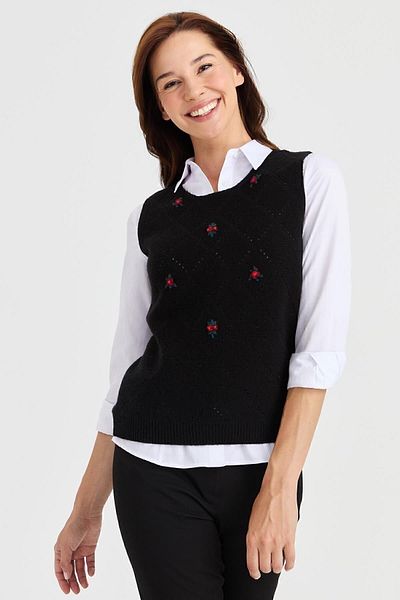 Desen Triko Women's Crew Neck Front Loose Linked Wool Sweater Black