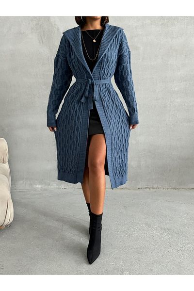 Nosia Color Hooded and Belted Patterned Long Knitwear Cardigan - Standard Size