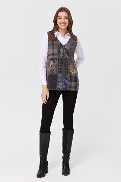 Desen Triko Women's V-Neck Patchwork Vest Anthracite