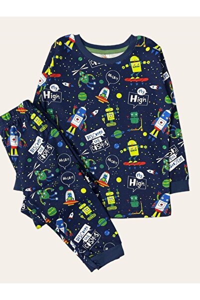 elmas kids Boy's 100% Cotton Space Patterned Navy Blue Pajama Set