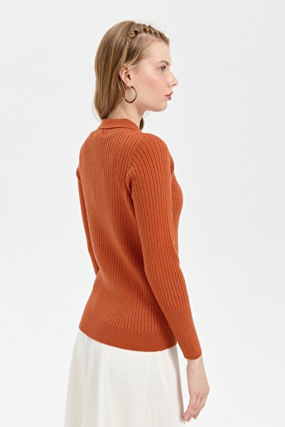 Desen Triko Orange Women's Polo Collar Seamless Sweater