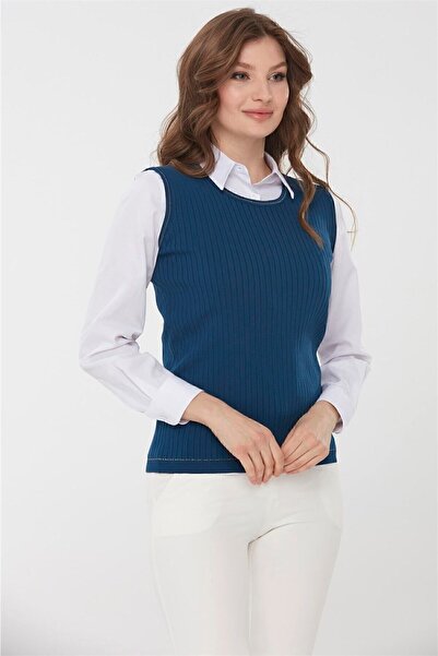 Desen Triko Γυναικείο πλεκτό αμάνικο μπλουζάκι Indigo