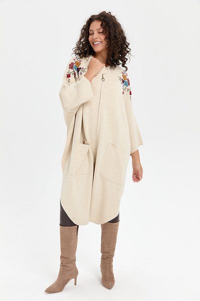Desen Triko Women's Stand Collar and Shoulder Embroidered Poncho - Zippered, T. Melange