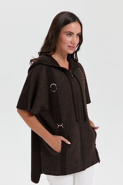 Desen Triko Hooded Wool Poncho Women - Felt Embroidered, Zippered, Brown Color